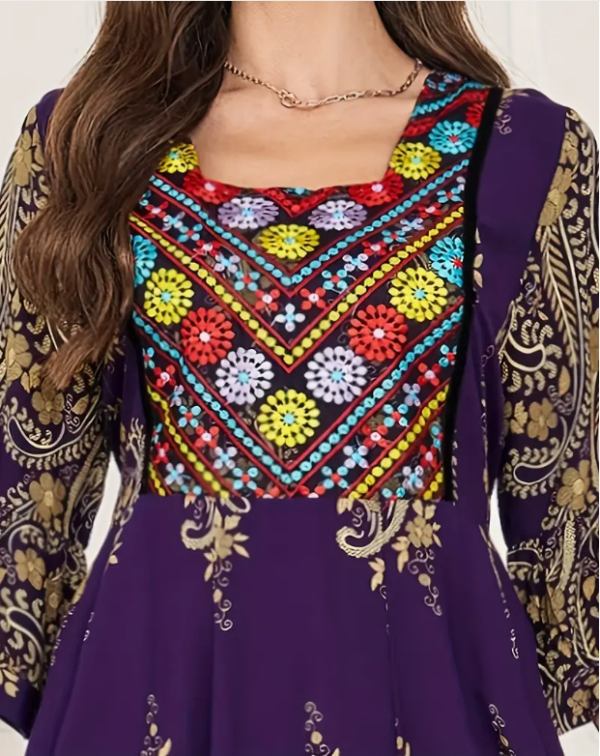 Ethnic Embroidered Square Neck Dress